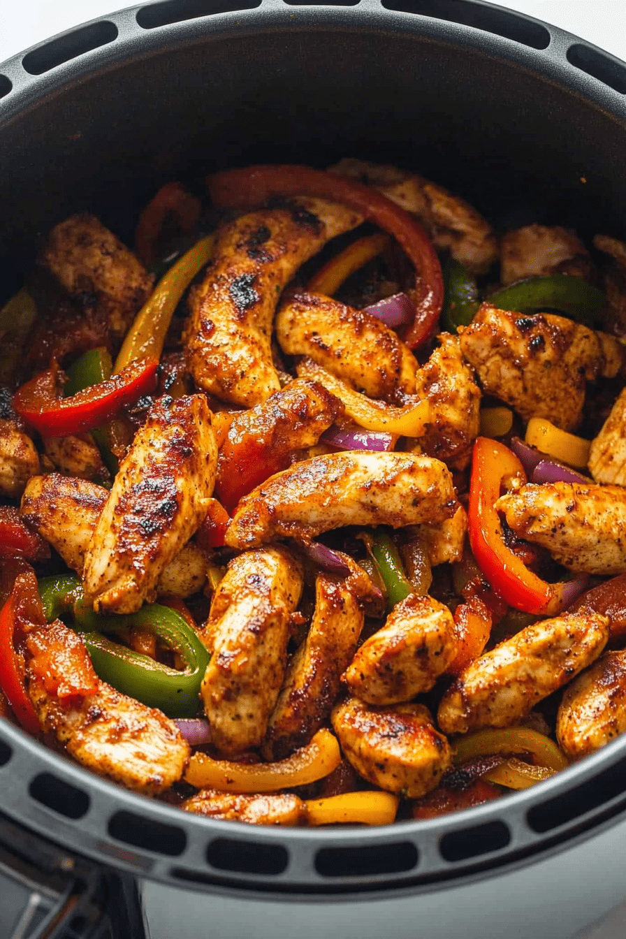 Air fryer chicken fajitas with charred peppers and juicy chicken in basket