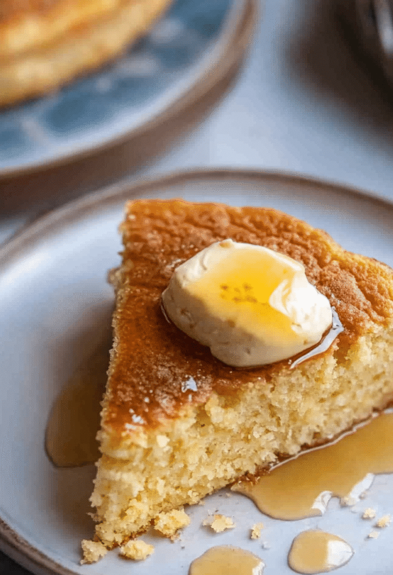 Close-up of a triangle slice of air fryer cornbread recipe card with butter and syrup on a white plate