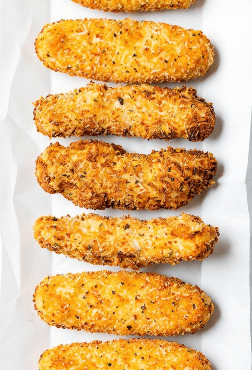Top view of golden crispy air fryer chicken tenders lined on white parchment paper