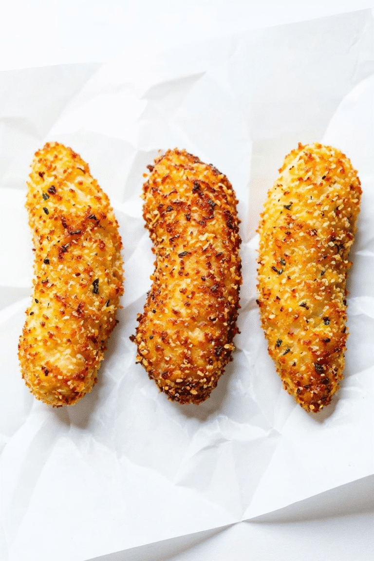 Three golden brown air fryer chicken tenders on white parchment paper, close-up view