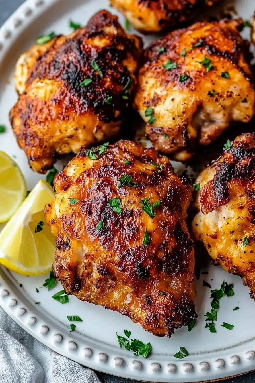 Crispy air fryer chicken thighs on a white plate garnished with parsley and lemon wedges.