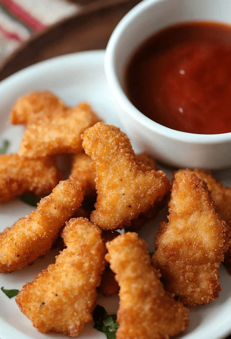 Bowl of crispy air fryer chicken nuggets with ketchup