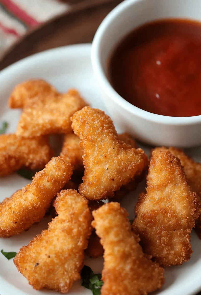 Bowl of crispy air fryer chicken nuggets with ketchup