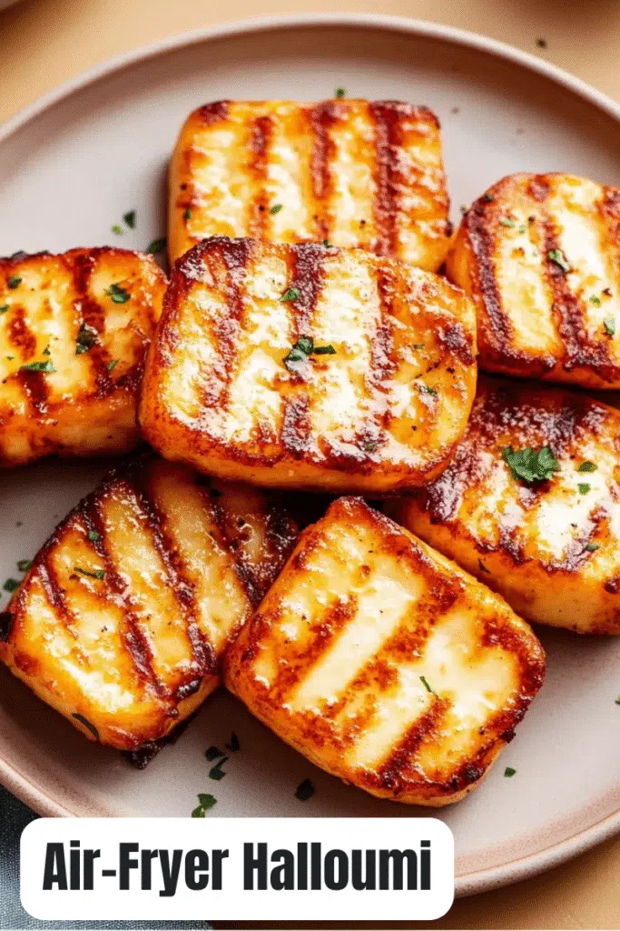 Grilled Air Fryer Halloumi cheese slices with golden air-fried marks, served on a plate and garnished with herbs.