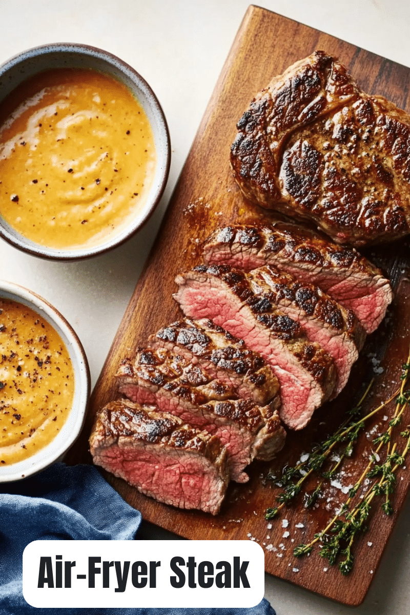 Perfectly cooked medium-rare air fryer steak sliced on a wooden board with creamy peppercorn sauce in bowls.