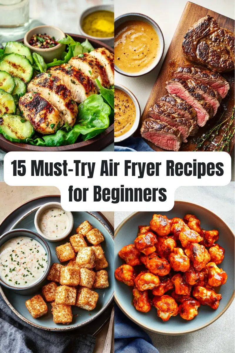 A collage of four air fryer dishes including grilled chicken with salad, sliced steak with dipping sauces, crispy tofu cubes with dip, and buffalo cauliflower bites, with the text "15 Must-Try Air Fryer Recipes for Beginners" in bold font.