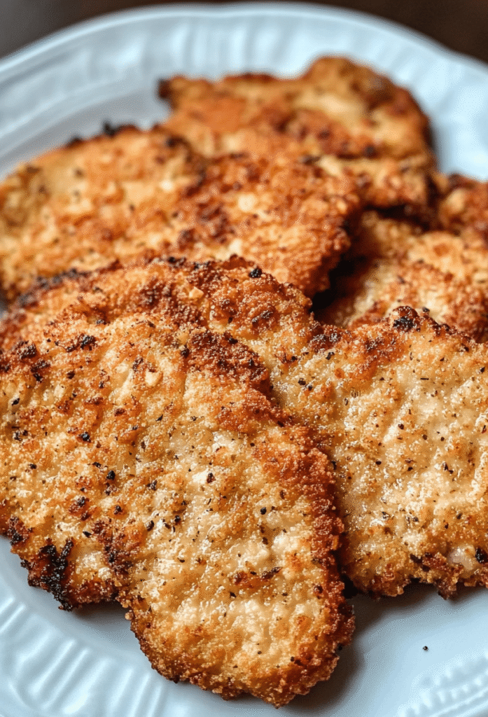 crispy golden air fry chicken cutlets on white plate
