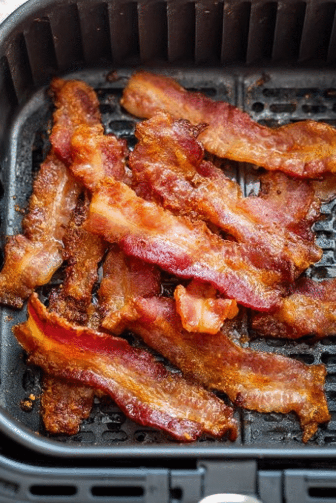 Crispy air fryer bacon strips fresh from the basket