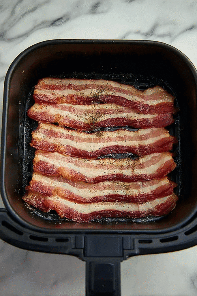 Raw bacon strips lined up in an air fryer basket before cooking