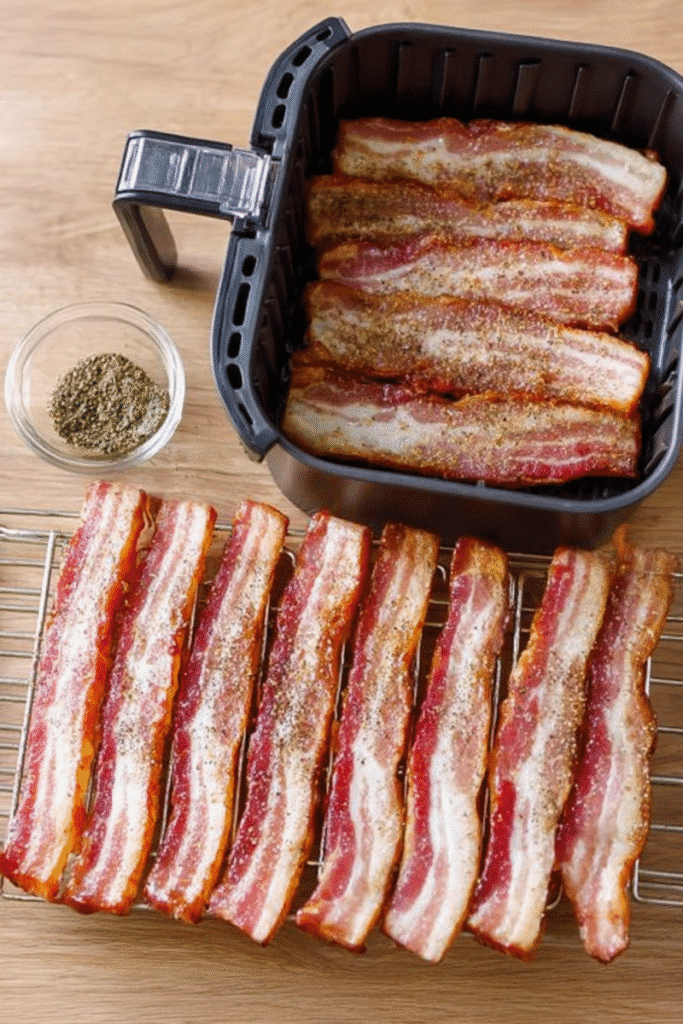 Seasoned air fryer bacon laid on a rack and inside the air fryer