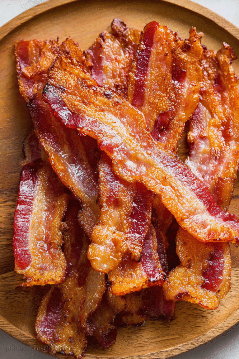 Pile of crunchy air fryer bacon on a wooden cutting board