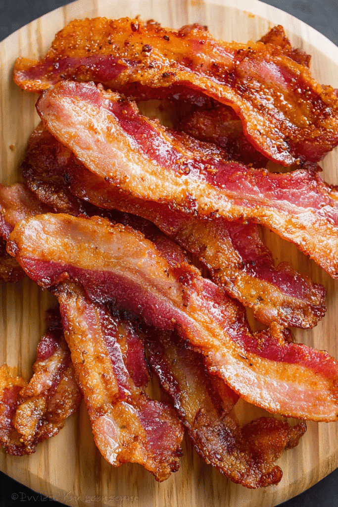 Cooked bacon strips on a wooden plate with glossy, crispy texture