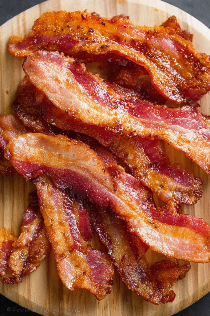 Cooked bacon strips on a wooden plate with glossy, crispy texture