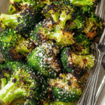 Overhead view of a serving platter Air Fryer Broccoli with Garlic topped with cheese and pepper.