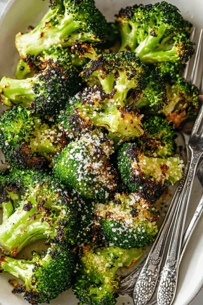 Overhead view of a serving platter Air Fryer Broccoli with Garlic topped with cheese and pepper.