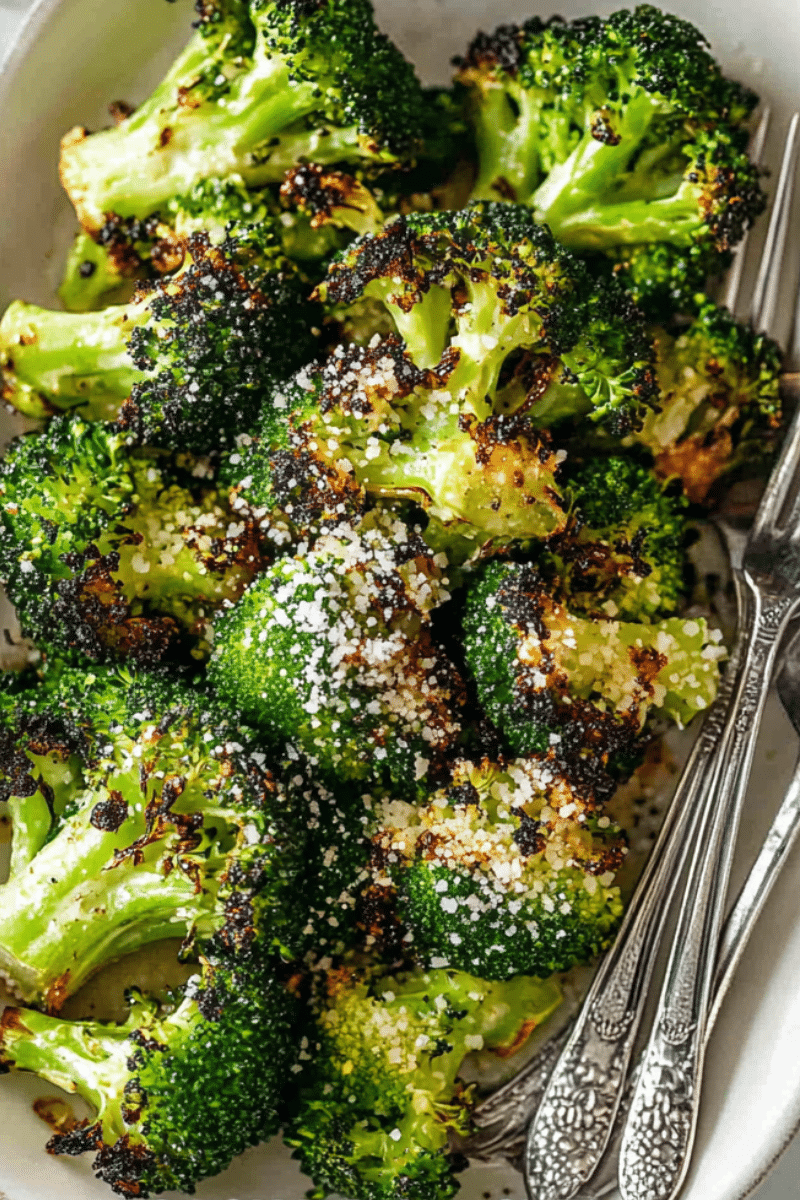 Overhead view of a serving platter Air Fryer Broccoli with Garlic topped with cheese and pepper.