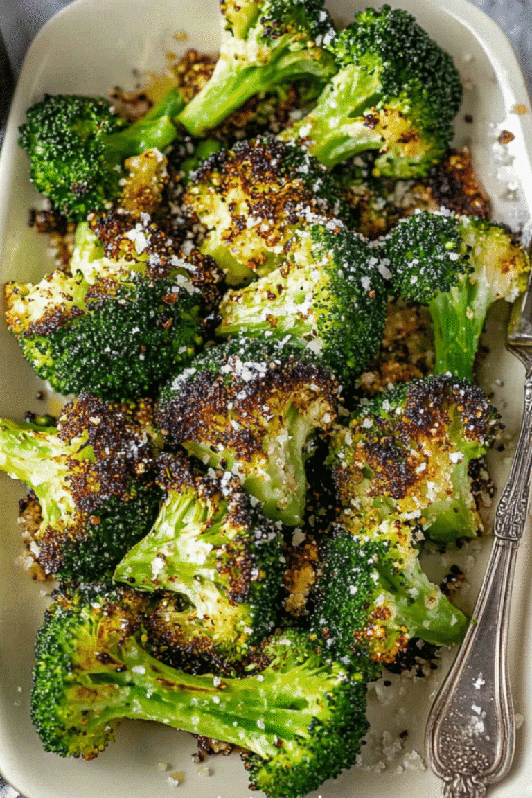 Close-up of air-fried broccoli florets with Parmesan and charred seasoning.
