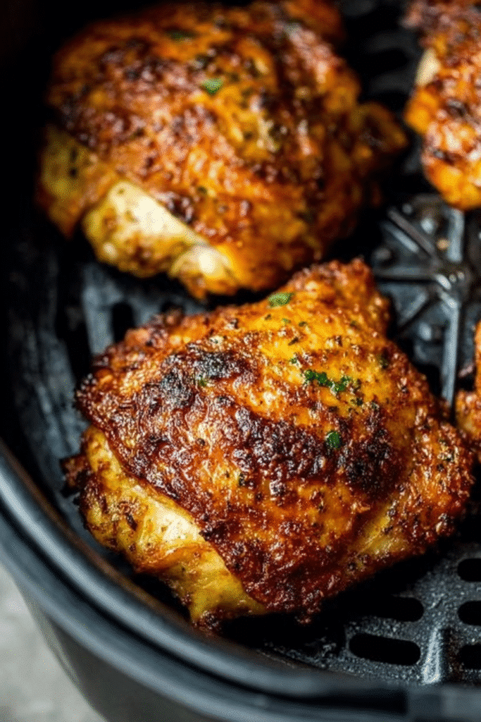 Crispy seasoned chicken thighs cooking in an air fryer basket.