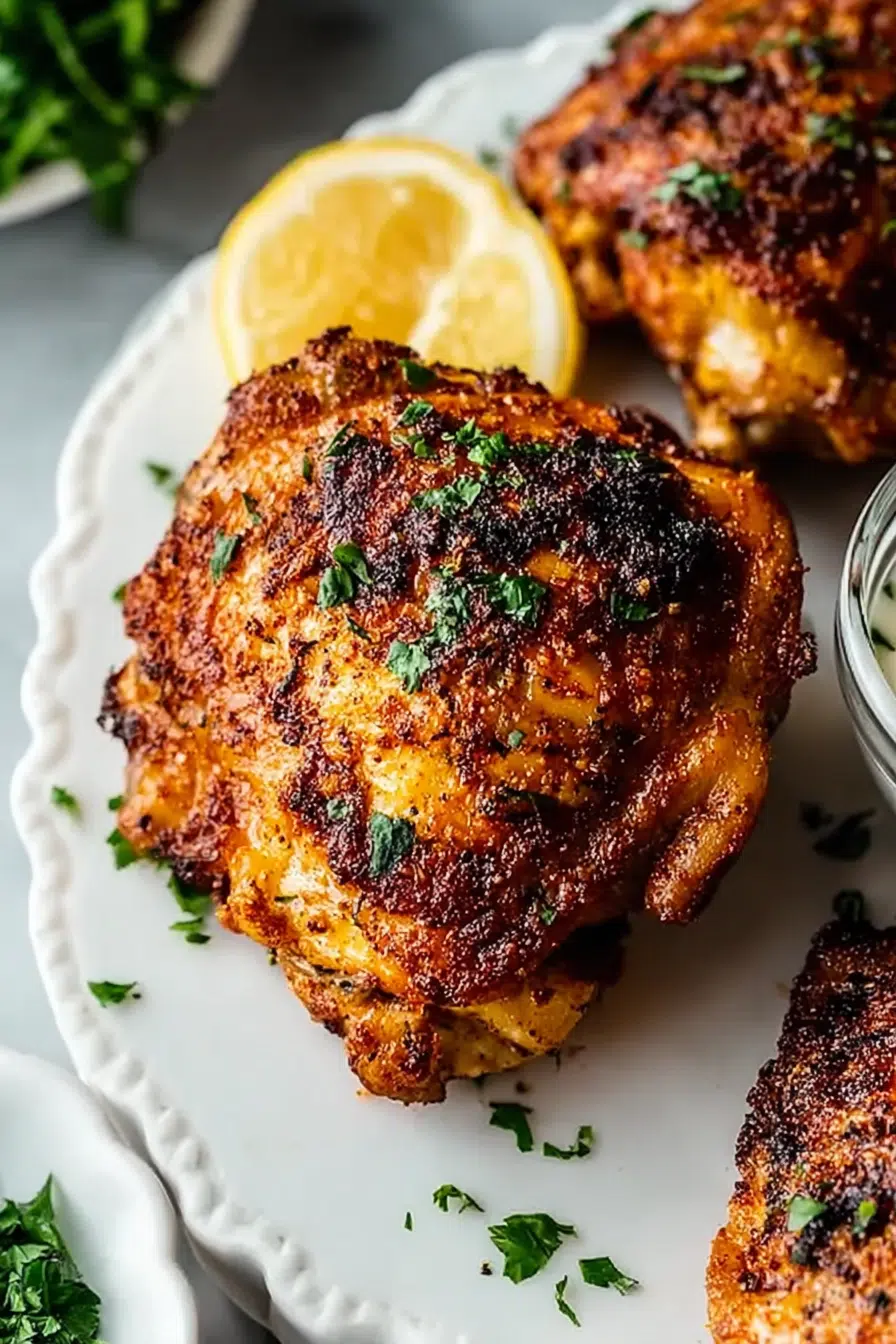 Crispy air fryer chicken thighs served with lemon on a white plate.