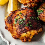 Air-fried chicken thighs topped with parsley and lemon wedges on a platter.