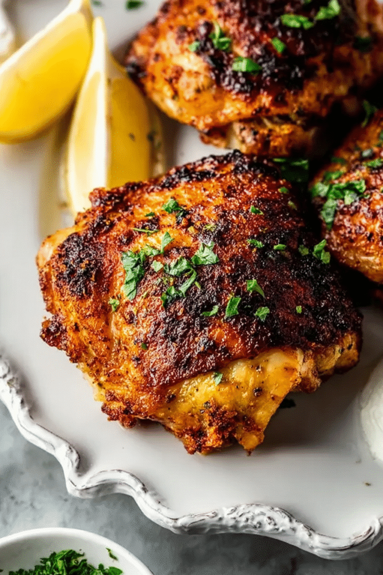 Air-fried chicken thighs topped with parsley and lemon wedges on a platter.