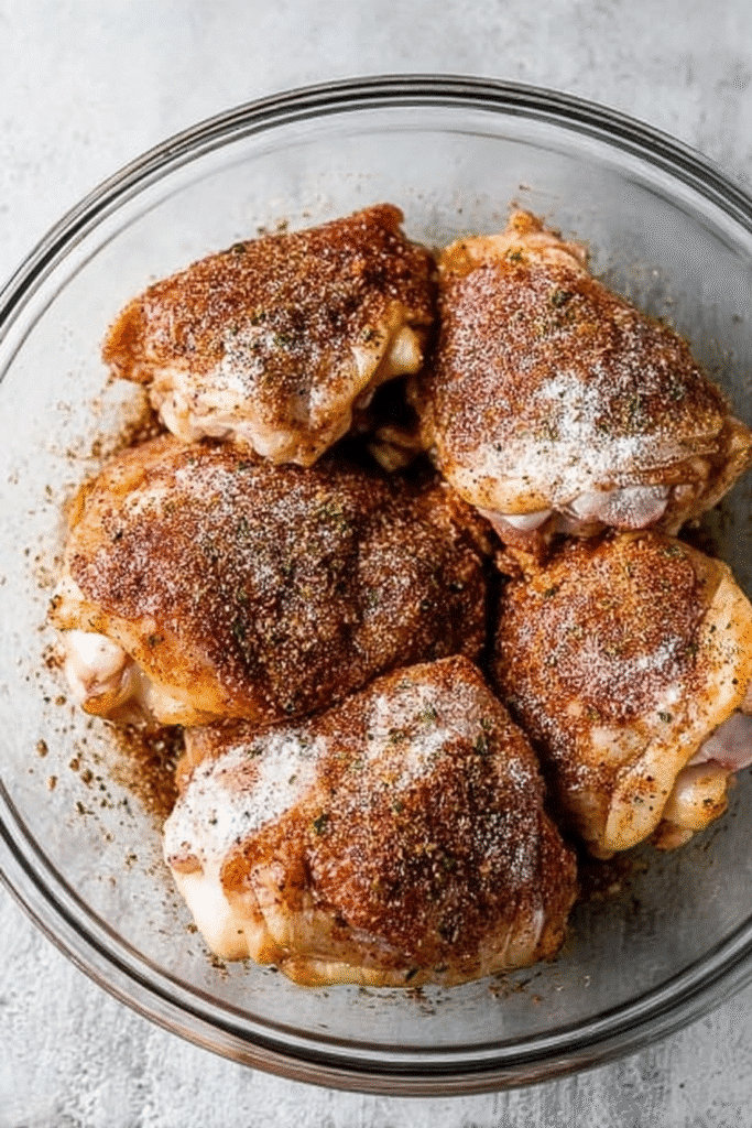 Four golden, crispy chicken thighs in an air fryer basket.