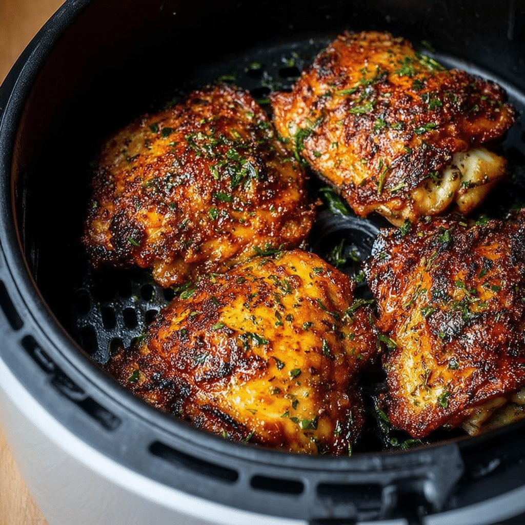 Raw chicken thighs seasoned with a dry rub in a glass mixing bowl.