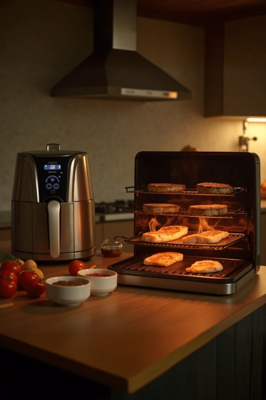 Air Fryer Chicken vs Grilled Chicken , Digital air fryer beside an open-door air fryer oven with chicken and patties cooking on three grill racks inside.