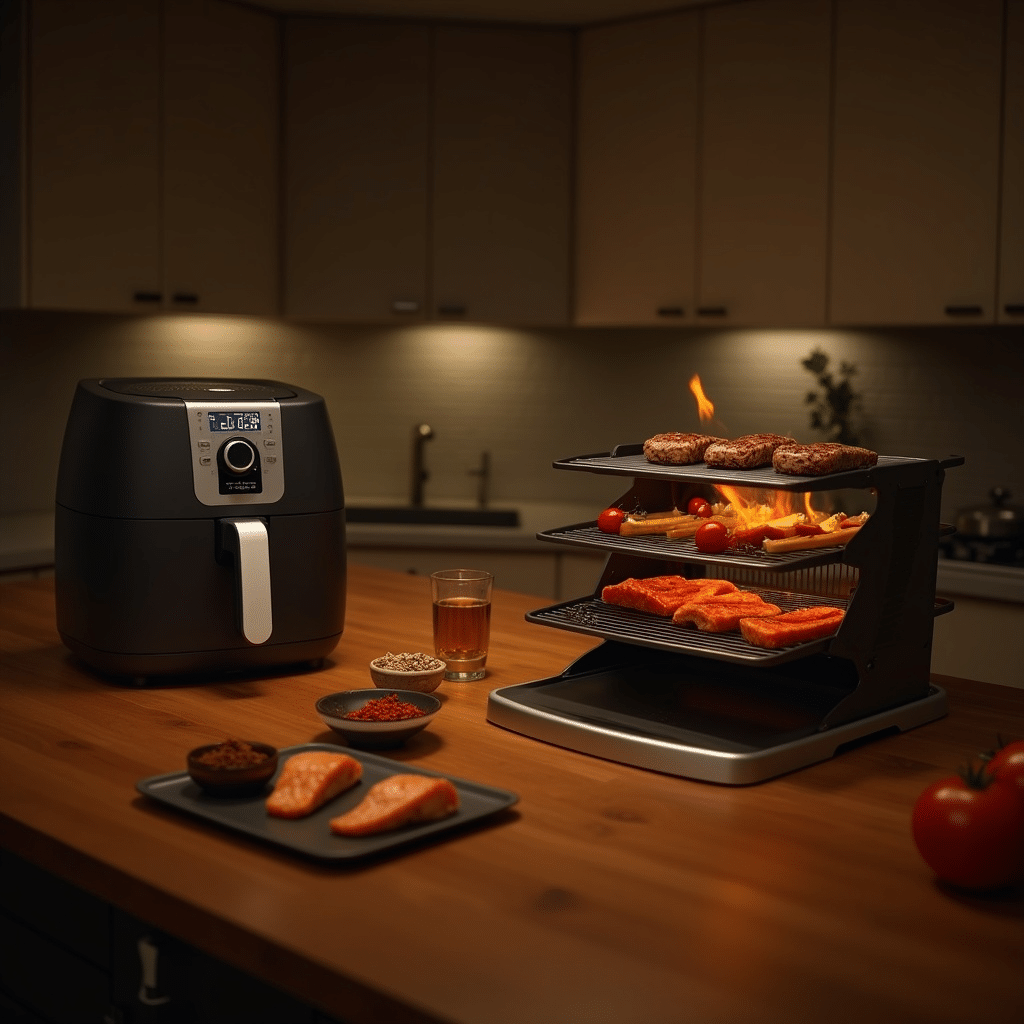 Stainless steel air fryer next to a 3-tiered grill rack with flaming grilled chicken and salmon on a wooden countertop.