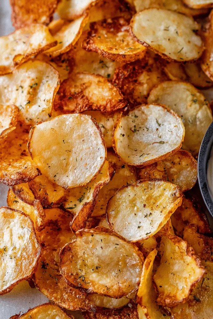 Close-up of golden, crispy air fryer potato chips sprinkled with herbs and sea salt.