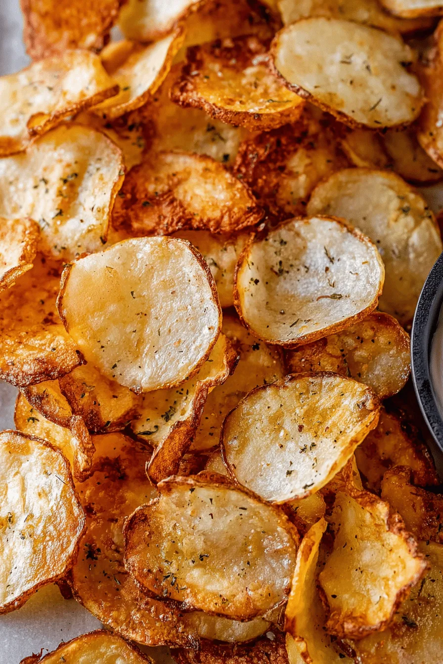 Close-up of golden, crispy air fryer potato chips sprinkled with herbs and sea salt.