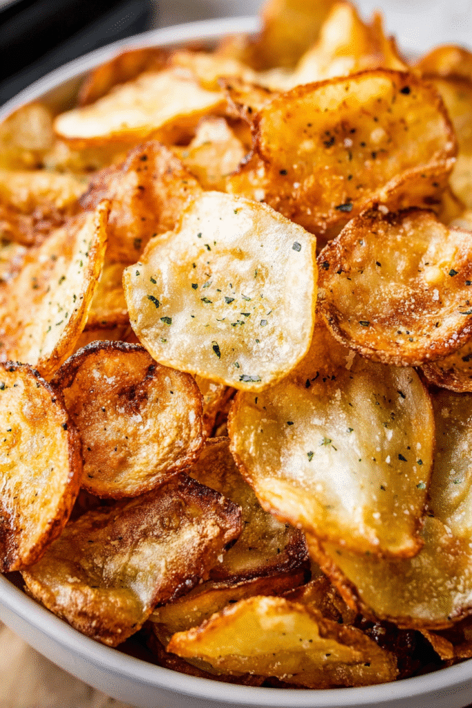 Flaky, seasoned air fryer potato chips in a bowl, lightly dusted with black pepper.