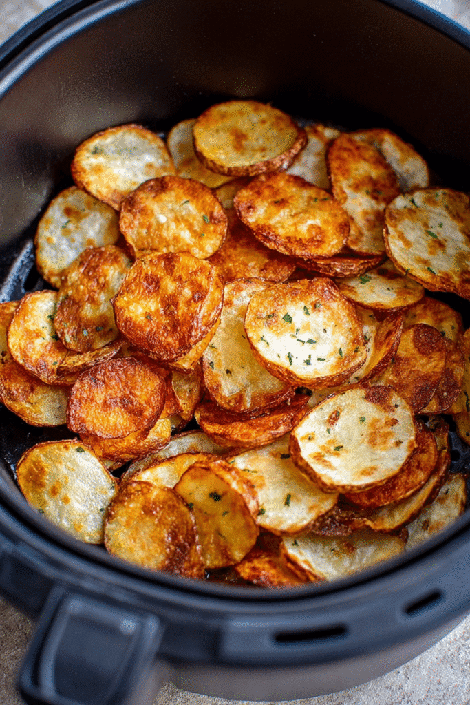 Air fryer basket filled with crispy, golden brown potato chips.