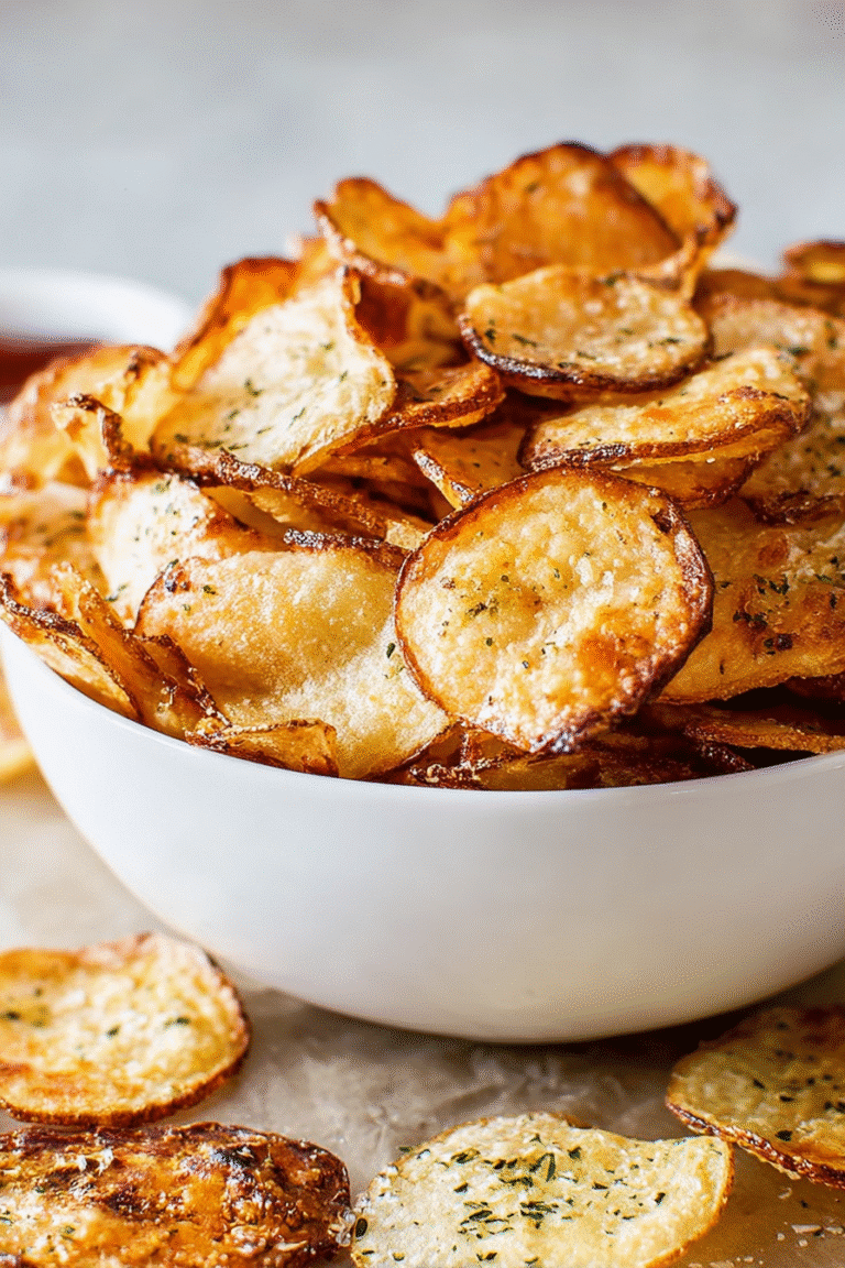 Overflowing bowl of golden air fryer chips on a light background.
