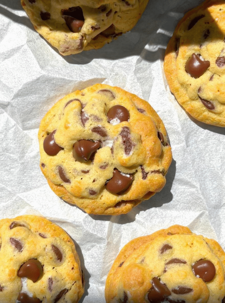 Air fryer cookies resting on parchment, glowing in natural sunlight.