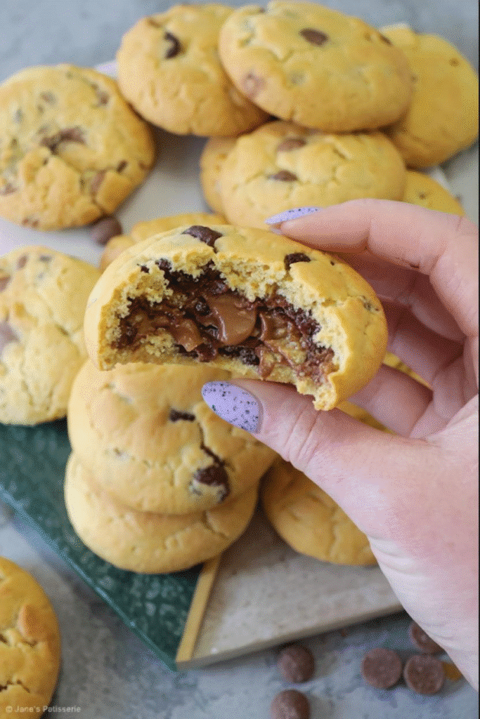 Hand holding a gooey air fryer cookie with melted chocolate center.