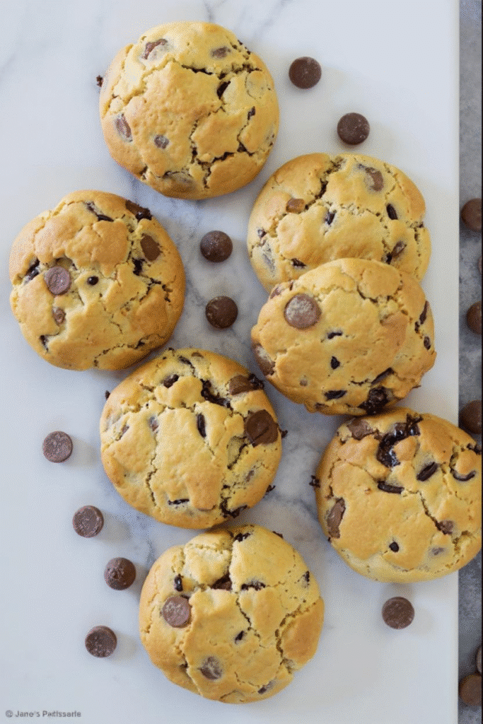 Golden air fryer cookies with chocolate chips on a marble surface.
