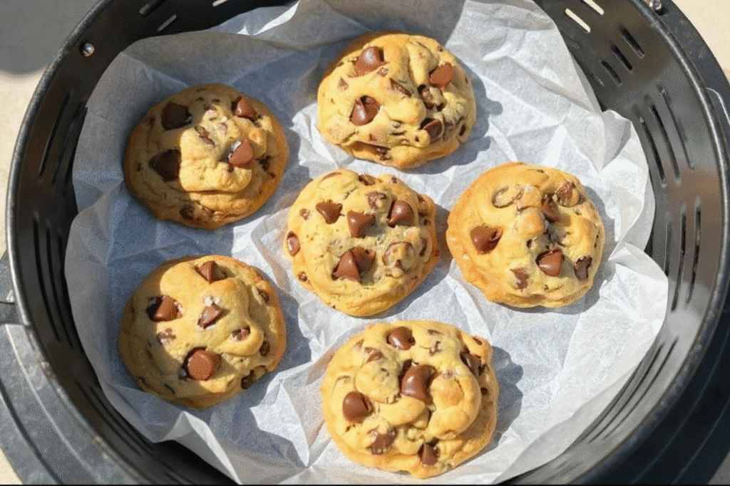 Air fryer cookies baking in a parchment-lined basket.