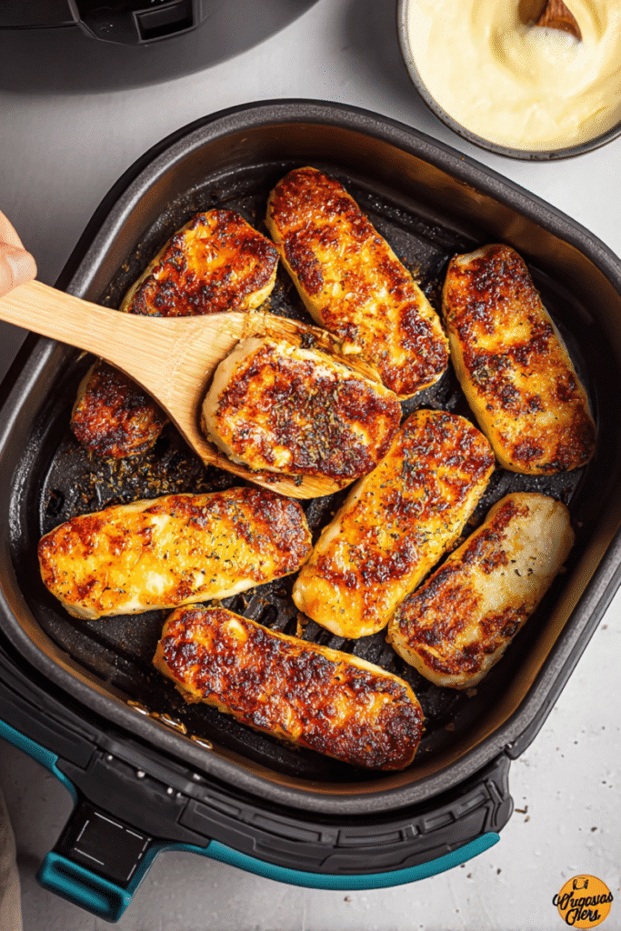 Golden brown Air Fryer Halloumi slices inside an air fryer basket, with a wooden spoon lifting one piece.
