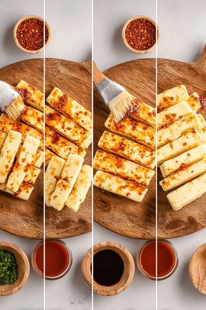 Halloumi cheese strips on a wooden board being brushed with chili oil and seasoning.