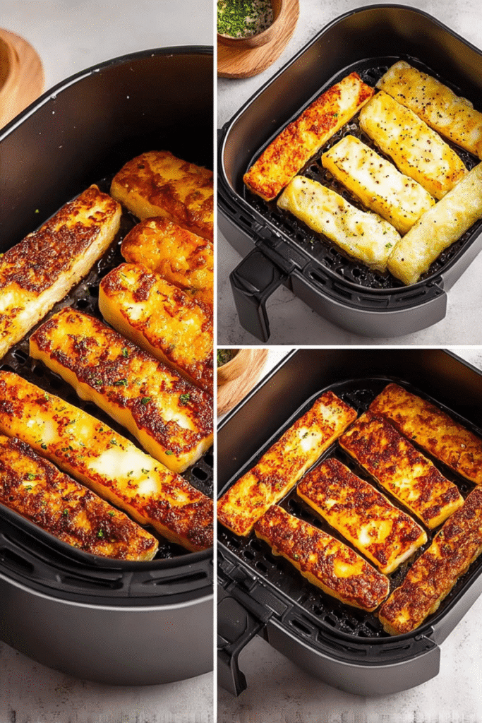 Halloumi cheese slices cooking in an air fryer, shown in a step-by-step collage from raw to golden brown.