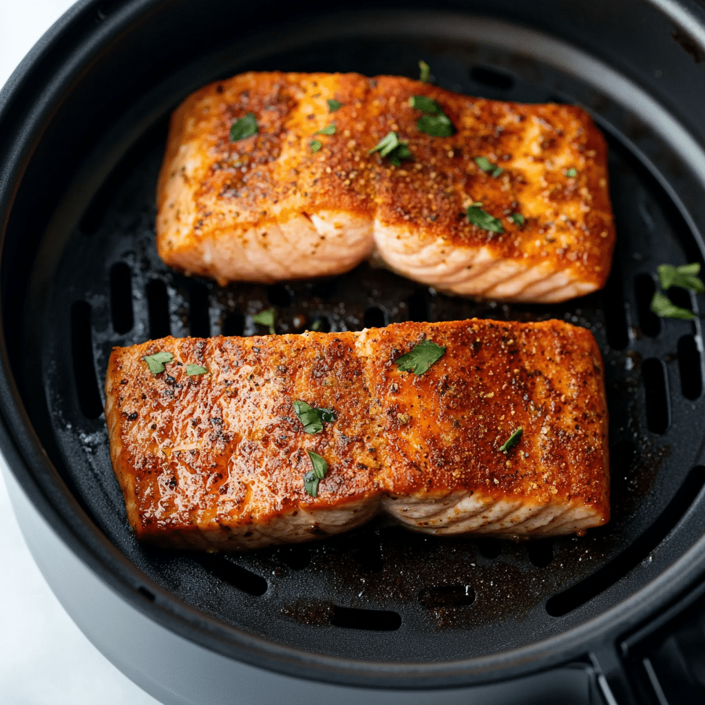 Two seasoned salmon fillets cooking in an air fryer basket with herbs.