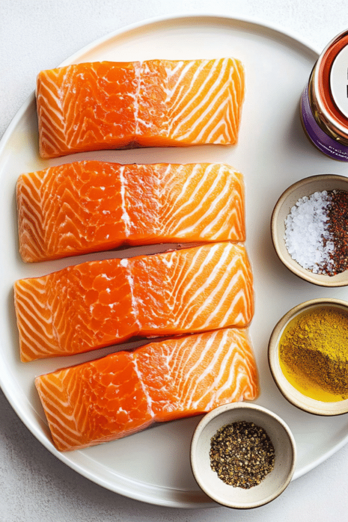 Four raw salmon fillets on a plate with small bowls of salt, pepper, turmeric, and chili powder.