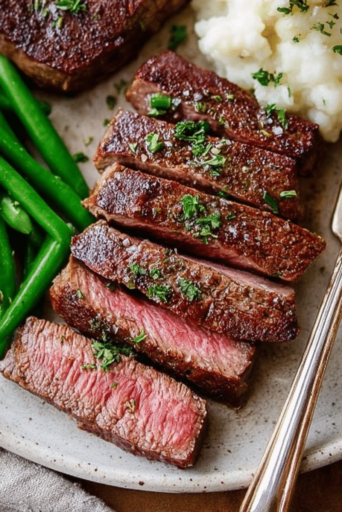 Close-up of juicy sliced air fryer steak on a plate with fresh herbs, mashed potatoes, and green beans.