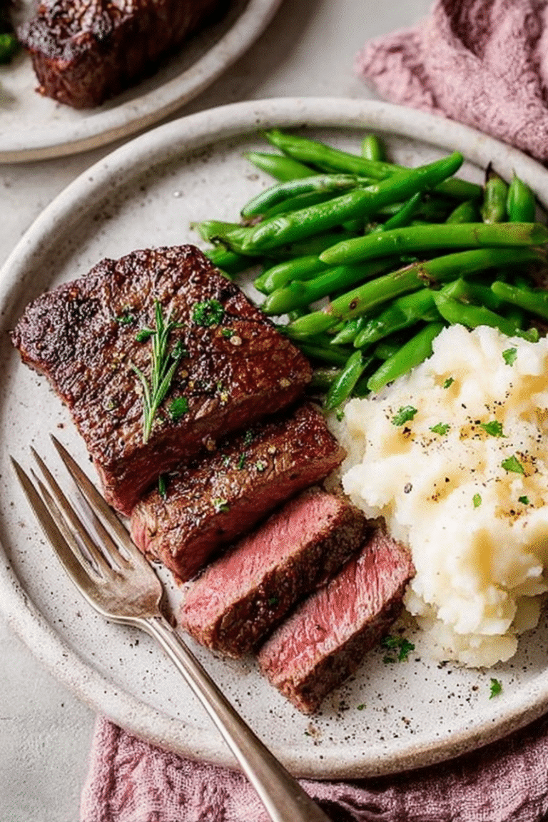 Medium-rare air fryer steak sliced on a plate with green beans and mashed potatoes, garnished with rosemary.