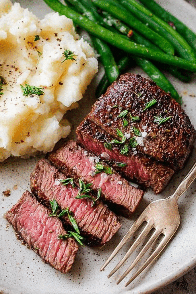 Medium-rare steak slices garnished with sea salt and herbs, served with mashed potatoes and green beans.
