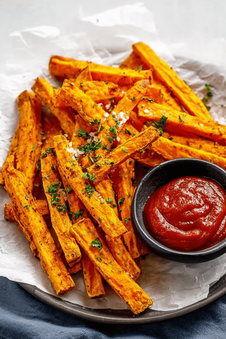 Air fryer sweet potato fries sprinkled with parsley and flaky salt, beautifully plated on a dark plate.