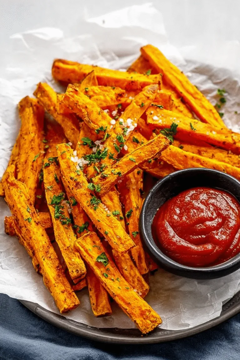 Air fryer sweet potato fries sprinkled with parsley and flaky salt, beautifully plated on a dark plate.
