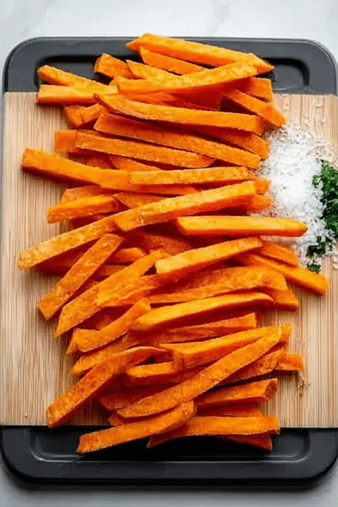 Golden air fryer sweet potato fries topped with parsley and salt, served with a side of ketchup