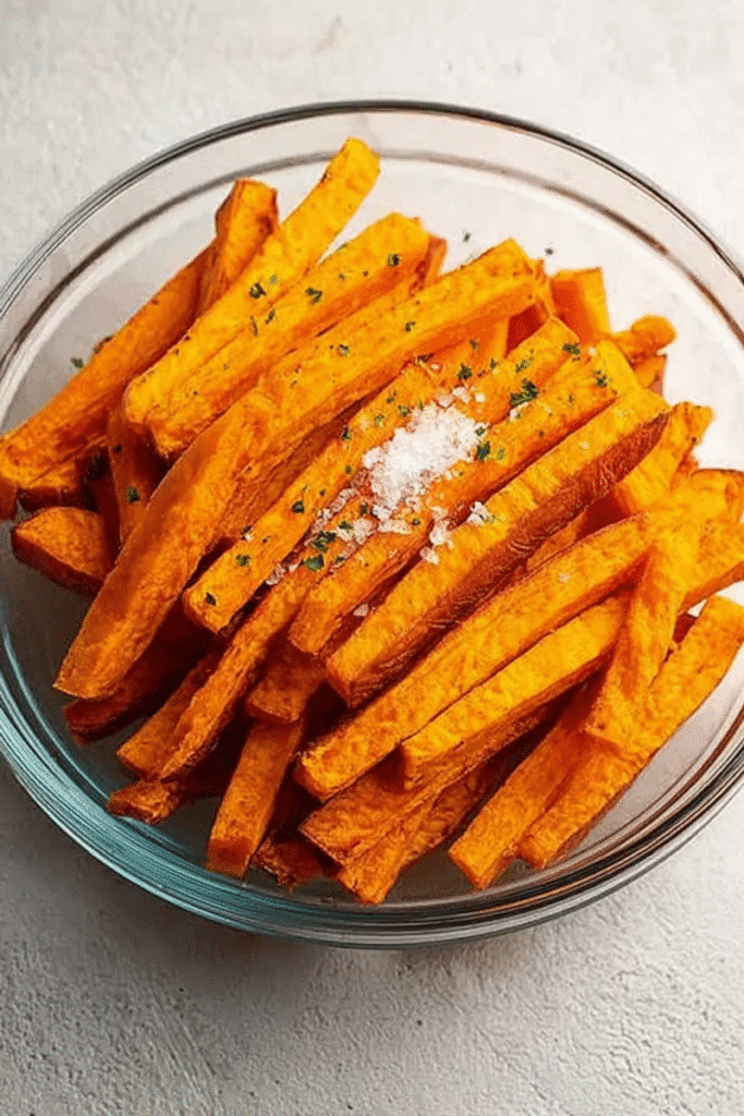 Crispy sweet potato fries served in a glass bowl with flaky salt sprinkled on top.